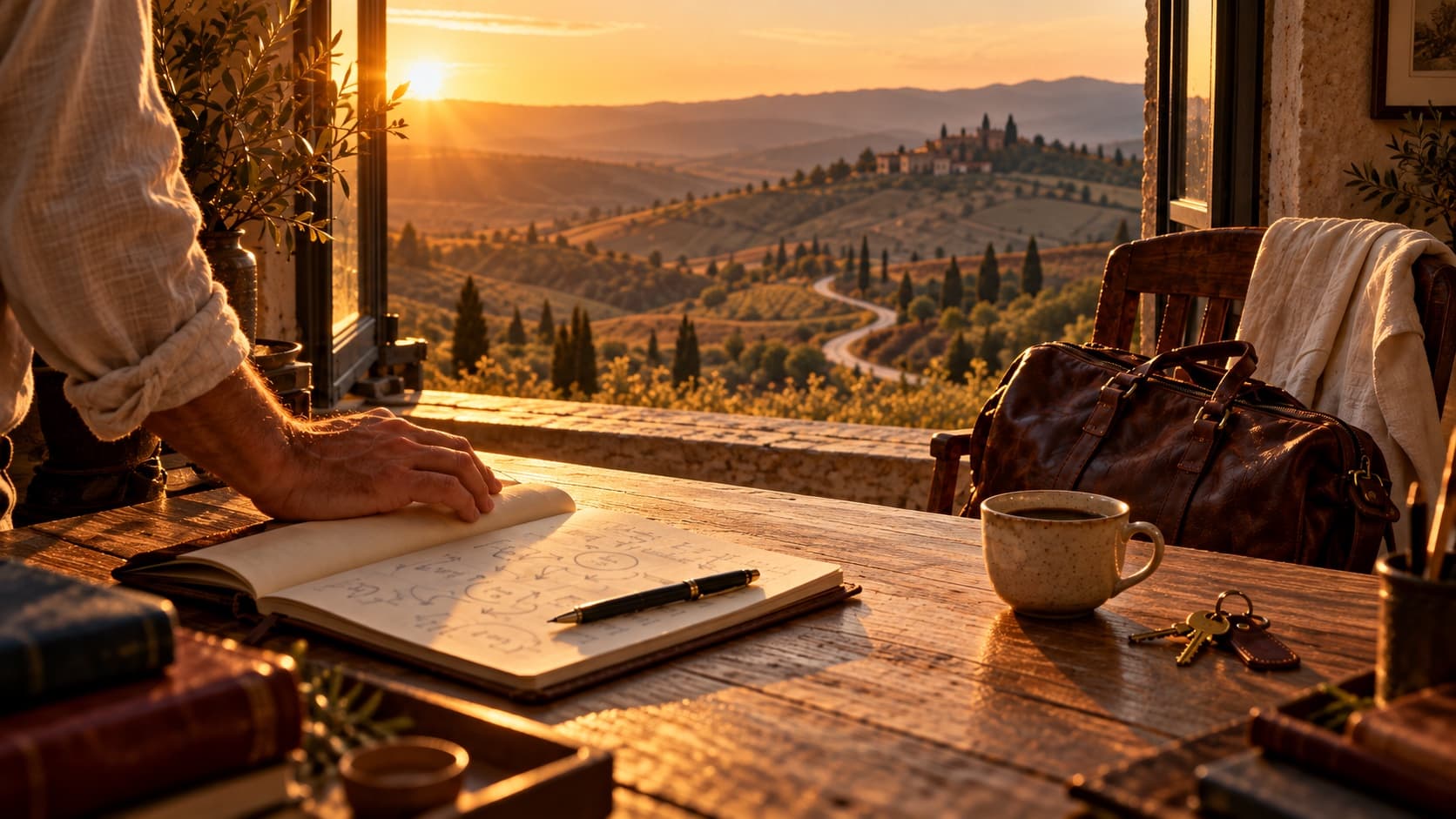A hand on an open notebook at a desk by a window, a road winding through golden hills beyond, a bag and keys ready
